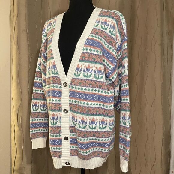 Vintage Sweaters - Vintage 80s / 90s Womens Medium Pastel Floral Knit Cardigan Sweater USA
